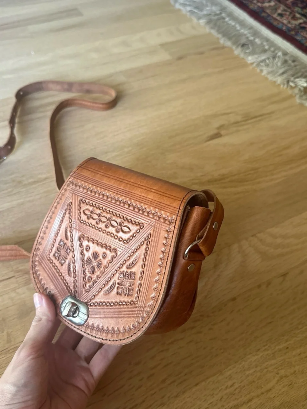 Hand-Tooled Leather Crossbody Bag in Tan